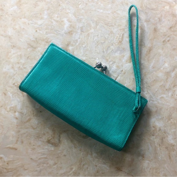 Burberry London Turquoise Croc Pattern Wristlet Clutch Bag Plaid Print Interior - Picture 1 of 5